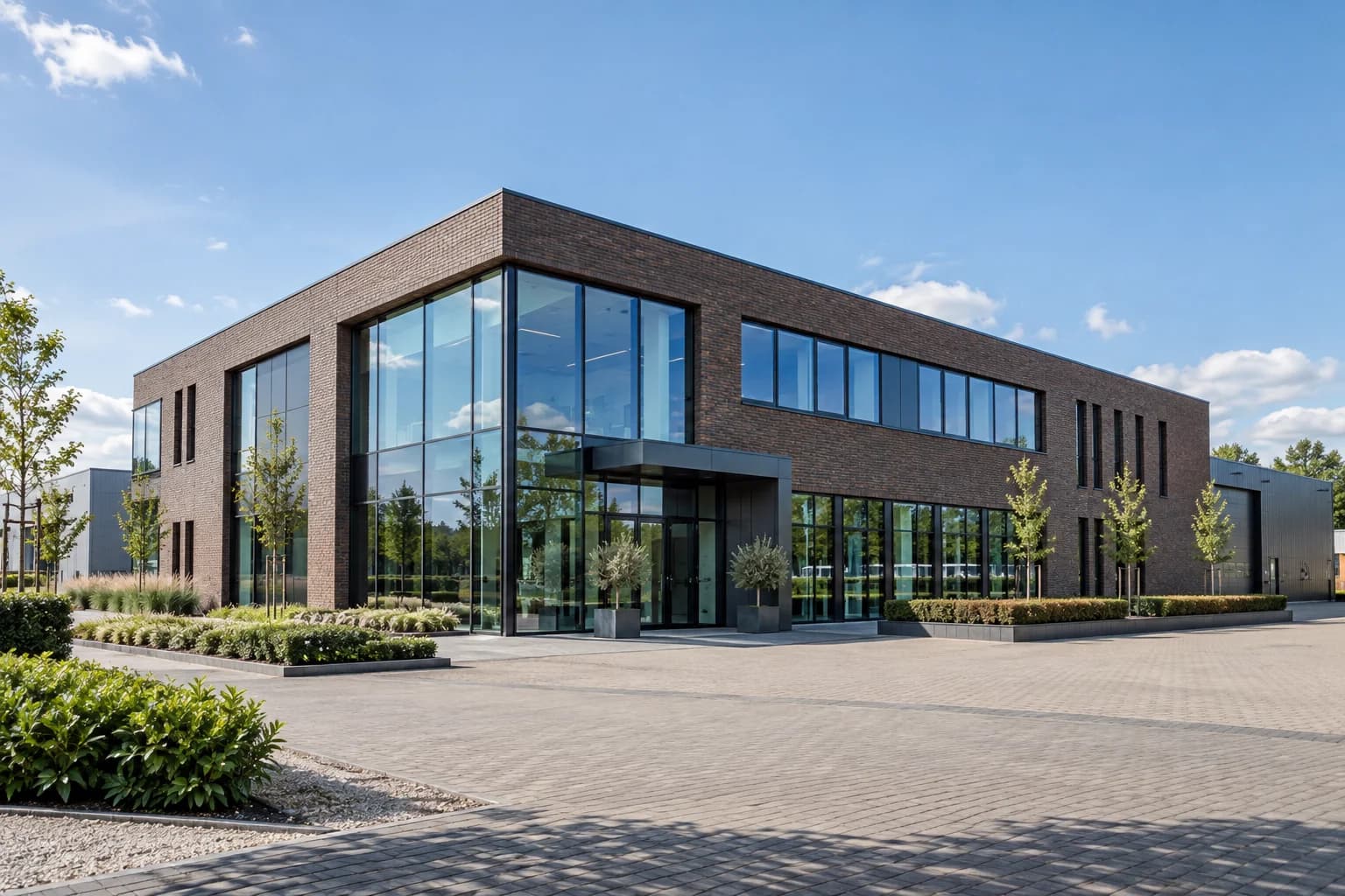 Modern bedrijfsgebouw met glazen entree en bakstenen gevel