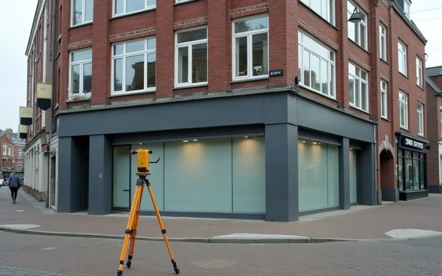 Hoekpand in ochtendlicht met een gesloten bedrijfsruimte op de begane grond en kantoren erboven. Op de lege stoep voor het pand staat een landmeetkundig statief.
