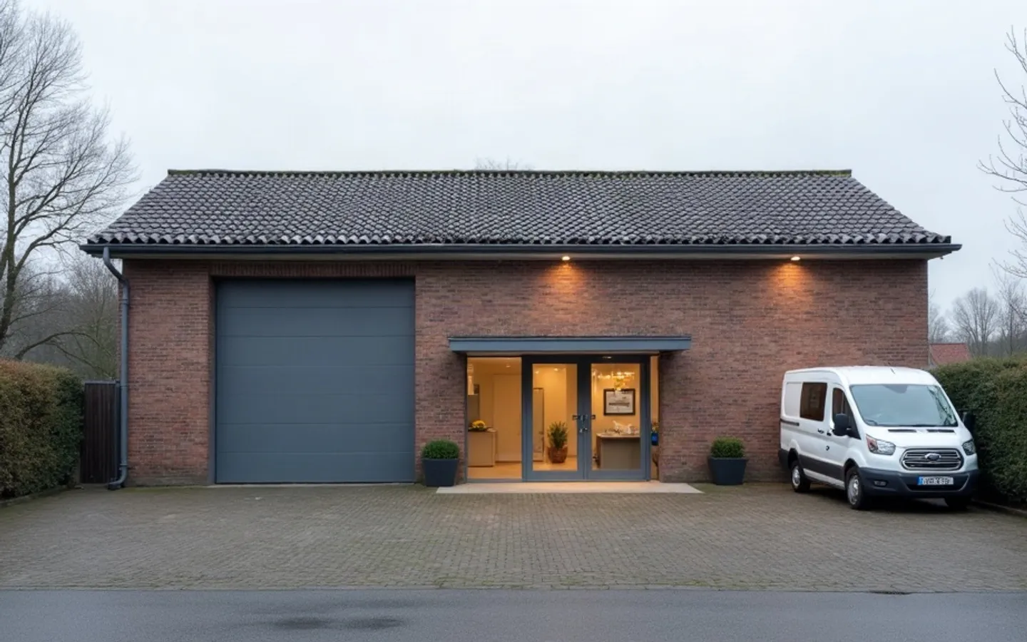 Bedrijfspand met laaddok en glazen kantooringang in ochtendlicht, een bestelbus op een verder lege voorrijstrook.