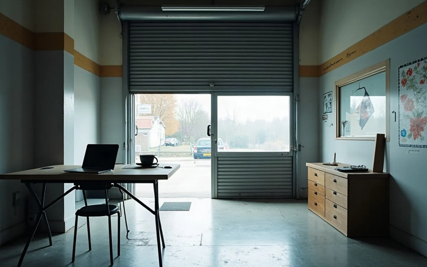 Een lege bedrijfshal op een bedrijventerrein in ochtendlicht. De grijze roldeur staat half open en de betonvloer erachter is leeg. Voor de hal ligt een verlaten parkeerstrook.