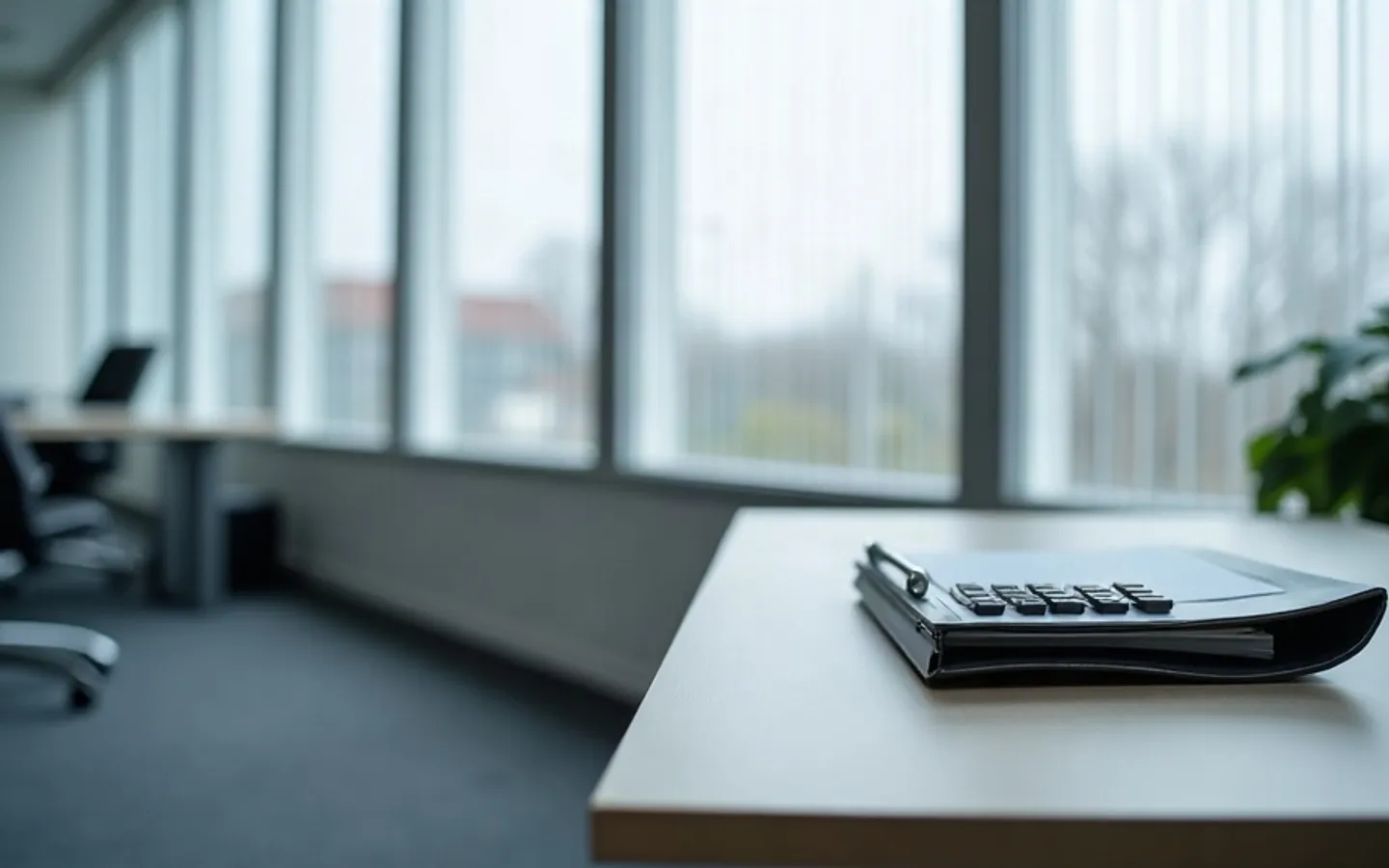 Bureau bij een raampartij met een ordner en een rekenmachine erop