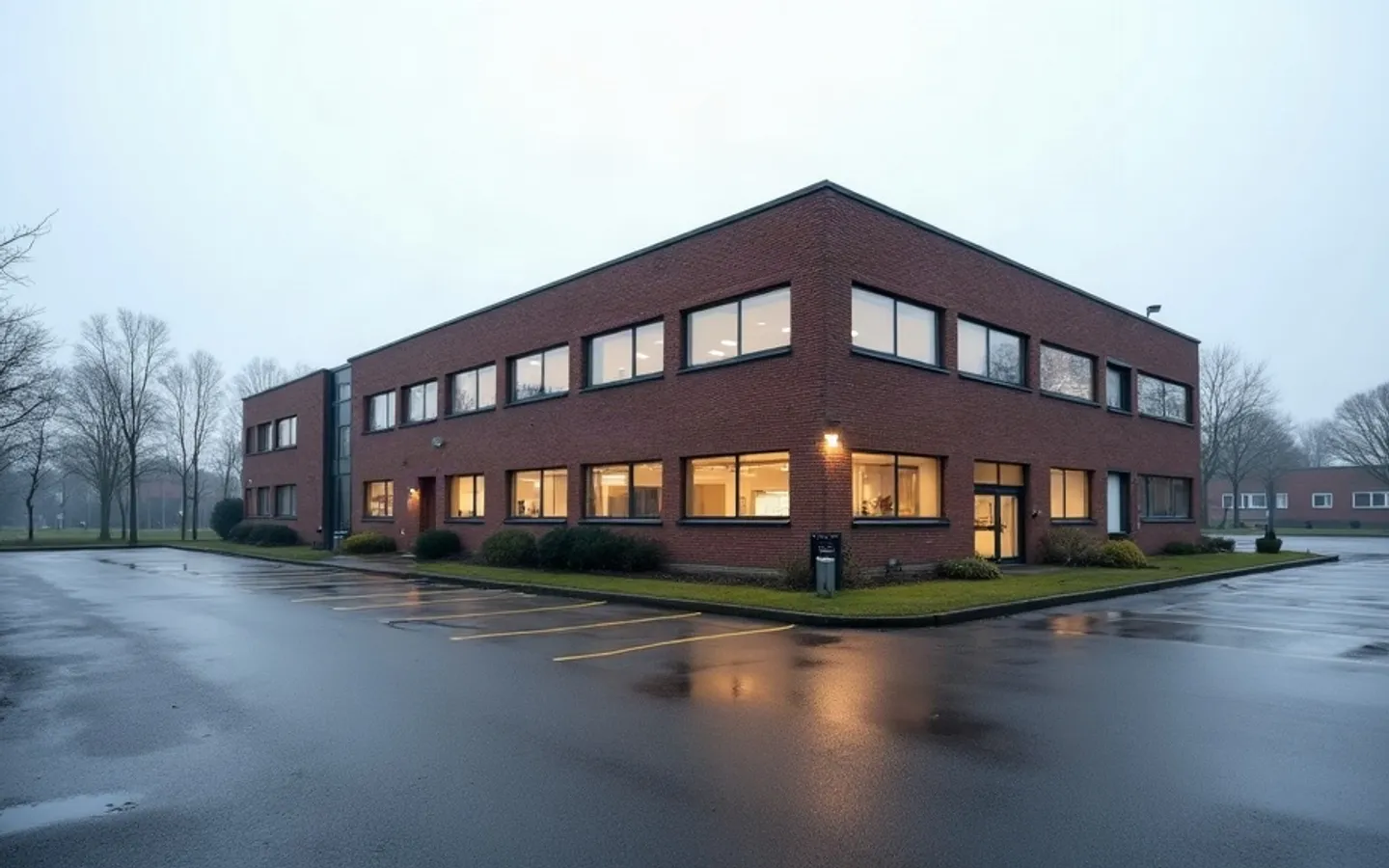 Bakstenen kantoorpand van twee lagen op een hoek, met een lege parkeerplaats ervoor