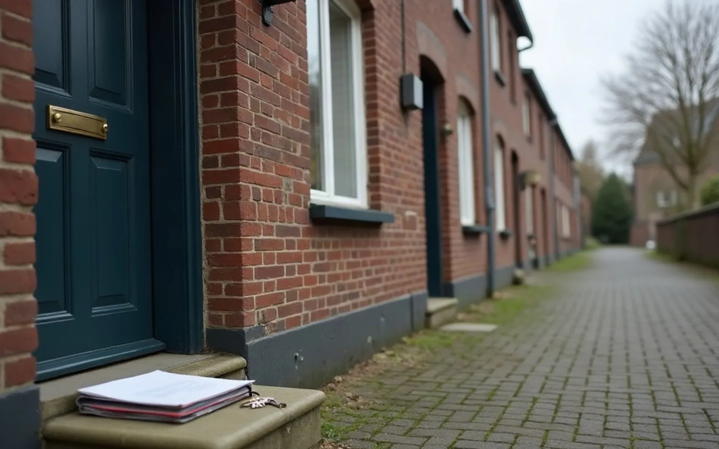 Een stapel papieren met een sleutelbos erop, op de stenen stoep voor een donkere voordeur van een bakstenen pand