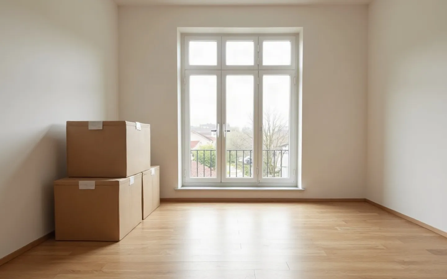 Lege ruimte met een houten vloer en een hoog wit balkonkozijn, met gestapelde kartonnen dozen in de hoek