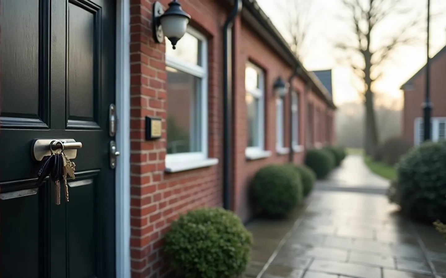 Sleutelbos in het slot van een donkergroene deur, met daarachter een bakstenen gevel met witte kozijnen en een nat tegelpad in ochtendlicht